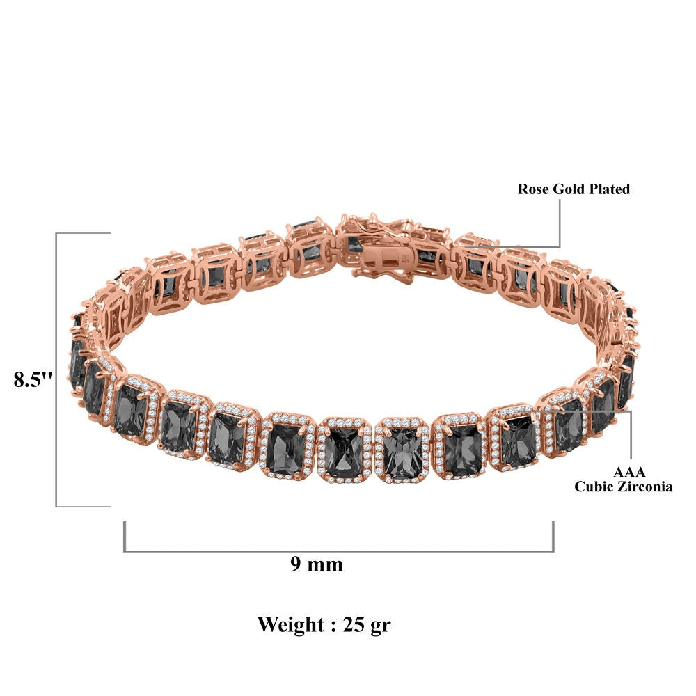 14K Rose Gold Finish Onyx Black Simulated Diamonds Solitaire Mens Ladies Bracelet 10mm / 8.5 Inch