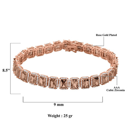 14K Rose Gold Finish Smokey Brown Topaz Simulated Diamonds Solitaire Mens Ladies Bracelet 10mm / 8.5 Inch