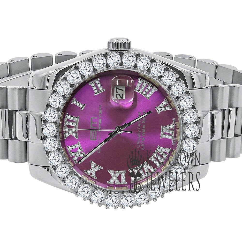 Solid Stainless Steel Roman Numeral Face Purple Amethyst Dial 18K Yellow Gold Tone Simulated Diamond 5 ATM Water Resistant Watch W/Date 42mm