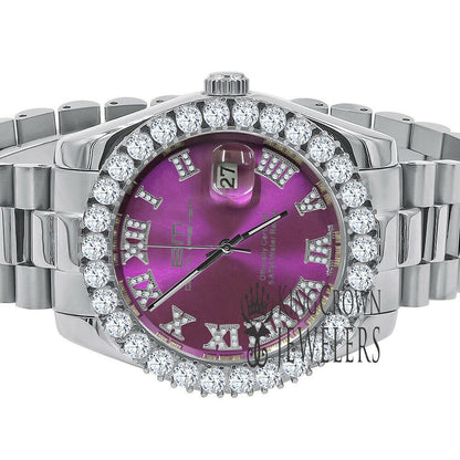 Solid Stainless Steel Roman Numeral Face Purple Amethyst Dial 18K Yellow Gold Tone Simulated Diamond 5 ATM Water Resistant Watch W/Date 42mm