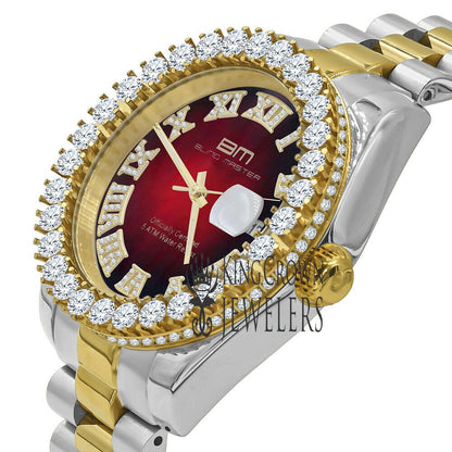 Full Solid Stainless Steel Roman Numeral Face Ruby Red Dial 18K 2 Tone Gold Finish Simulated Diamond 5 ATM Water Resistant Watch W/Date 42mm