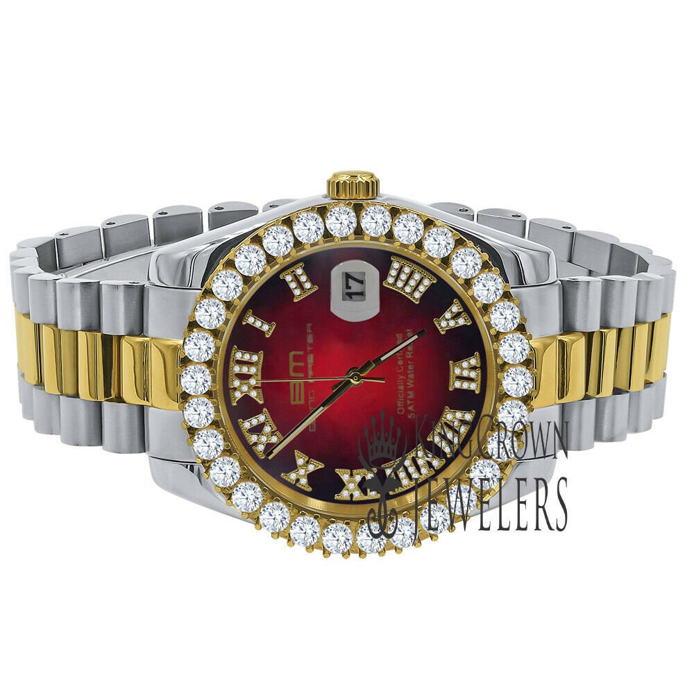 Full Solid Stainless Steel Roman Numeral Face Ruby Red Dial 18K 2 Tone Gold Finish Simulated Diamond 5 ATM Water Resistant Watch W/Date 42mm