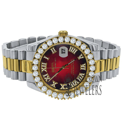 Full Solid Stainless Steel Roman Numeral Face Ruby Red Dial 18K 2 Tone Gold Finish Simulated Diamond 5 ATM Water Resistant Watch W/Date 42mm