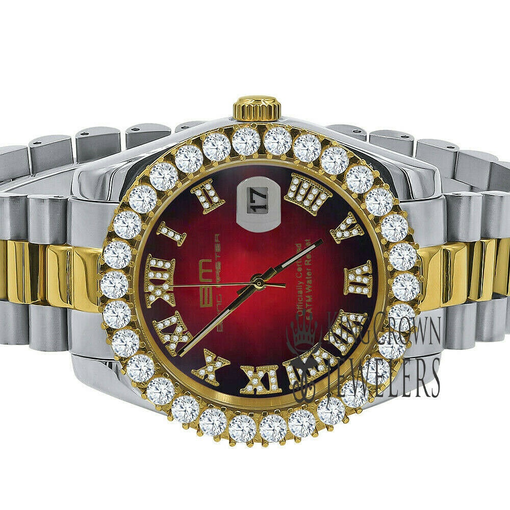 Full Solid Stainless Steel Roman Numeral Face Ruby Red Dial 18K 2 Tone Gold Finish Simulated Diamond 5 ATM Water Resistant Watch W/Date 42mm