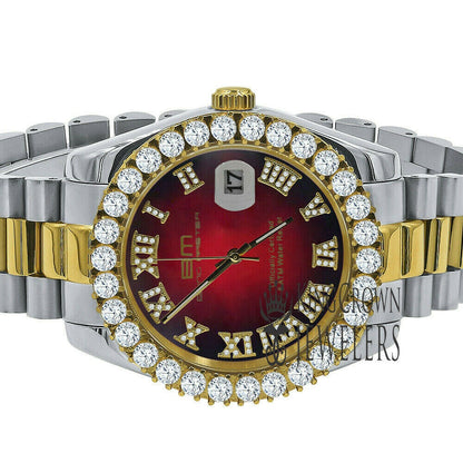 Full Solid Stainless Steel Roman Numeral Face Ruby Red Dial 18K 2 Tone Gold Finish Simulated Diamond 5 ATM Water Resistant Watch W/Date 42mm