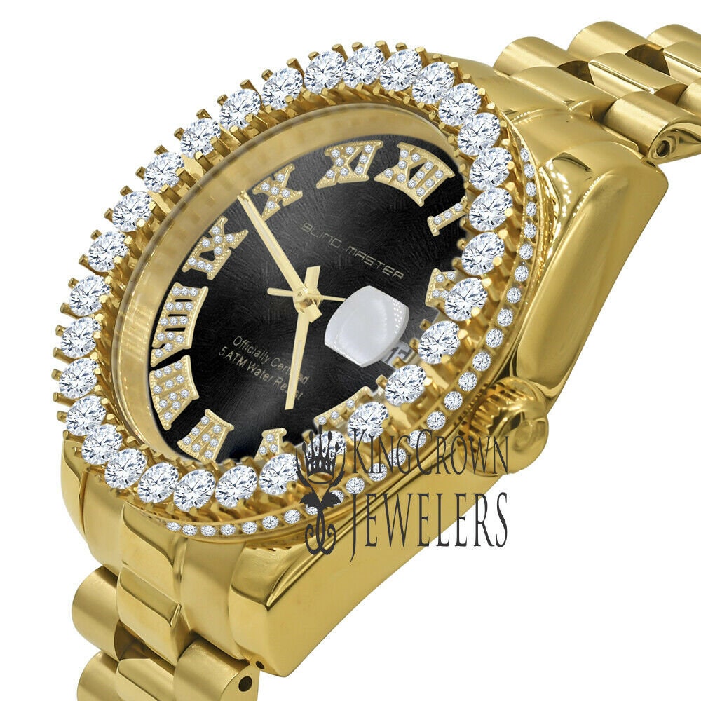 Solid Stainless Steel Roman Numeral Face Onyx Black Dial 18K Yellow Gold Finish Simulated Diamond 5 ATM Water Resistant Watch W/Date 42mm