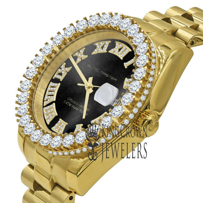 Solid Stainless Steel Roman Numeral Face Onyx Black Dial 18K Yellow Gold Finish Simulated Diamond 5 ATM Water Resistant Watch W/Date 42mm