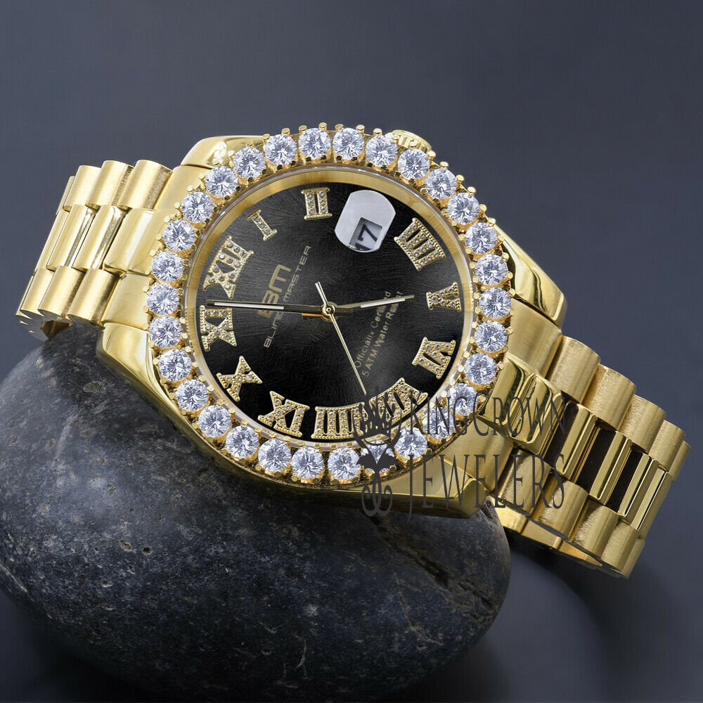 Solid Stainless Steel Roman Numeral Face Onyx Black Dial 18K Yellow Gold Finish Simulated Diamond 5 ATM Water Resistant Watch W/Date 42mm