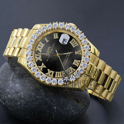 Solid Stainless Steel Roman Numeral Face Onyx Black Dial 18K Yellow Gold Finish Simulated Diamond 5 ATM Water Resistant Watch W/Date 42mm