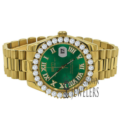 Solid Stainless Steel Roman Numeral Face Emerald Green Dial 18K Yellow Gold Finish Simulated Diamond 5 ATM Water Resistant Watch W/Date 42mm