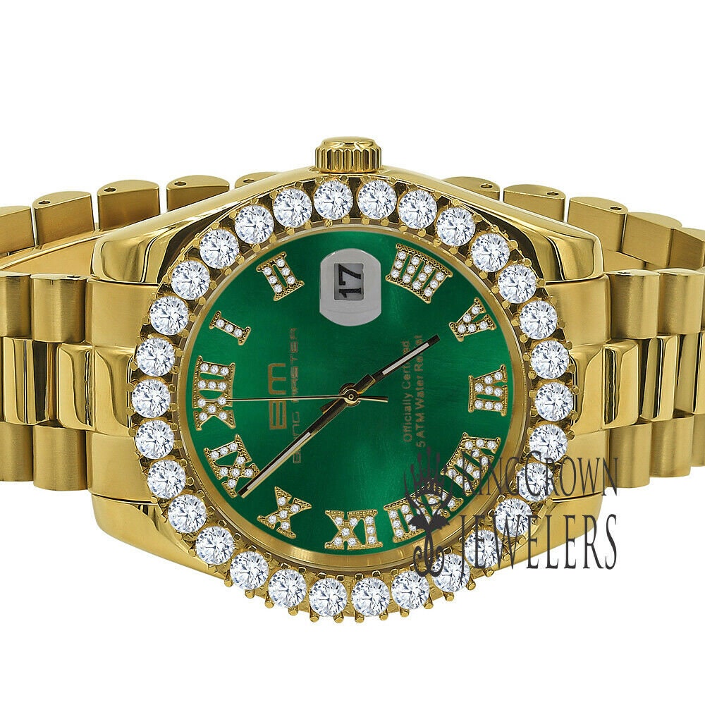 Solid Stainless Steel Roman Numeral Face Emerald Green Dial 18K Yellow Gold Finish Simulated Diamond 5 ATM Water Resistant Watch W/Date 42mm