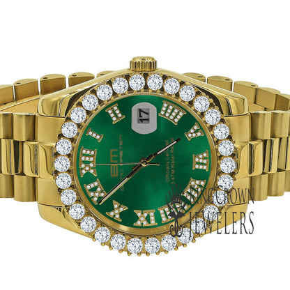 Solid Stainless Steel Roman Numeral Face Emerald Green Dial 18K Yellow Gold Finish Simulated Diamond 5 ATM Water Resistant Watch W/Date 42mm
