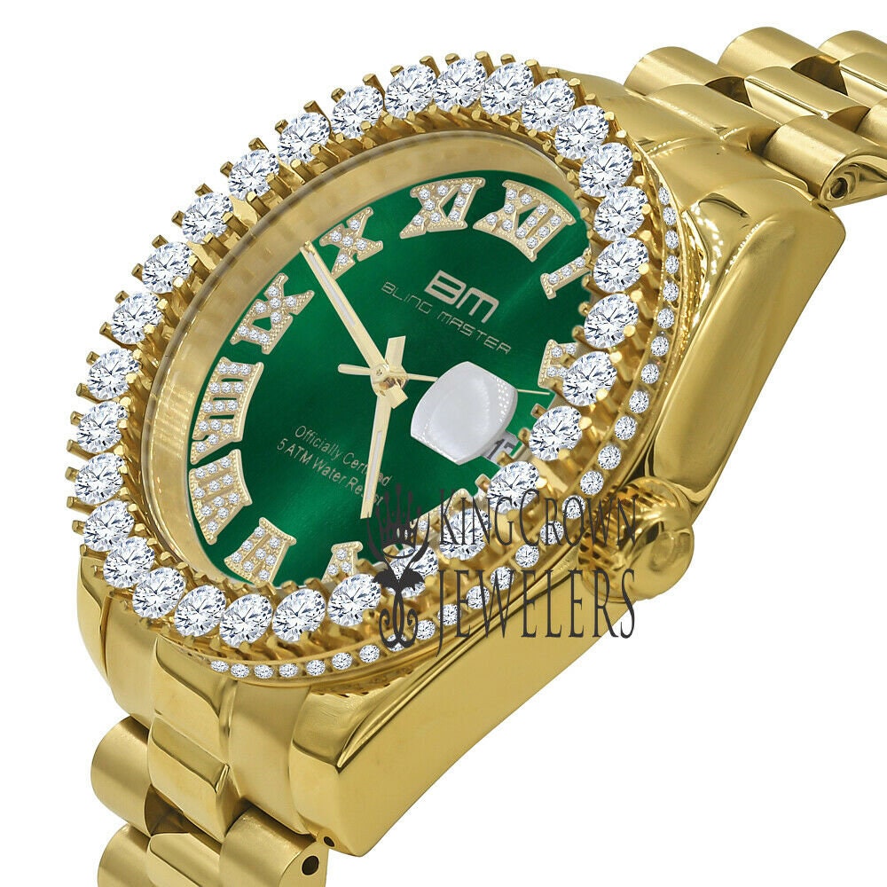 Solid Stainless Steel Roman Numeral Face Emerald Green Dial 18K Yellow Gold Finish Simulated Diamond 5 ATM Water Resistant Watch W/Date 42mm