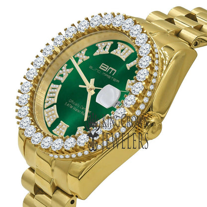 Solid Stainless Steel Roman Numeral Face Emerald Green Dial 18K Yellow Gold Finish Simulated Diamond 5 ATM Water Resistant Watch W/Date 42mm