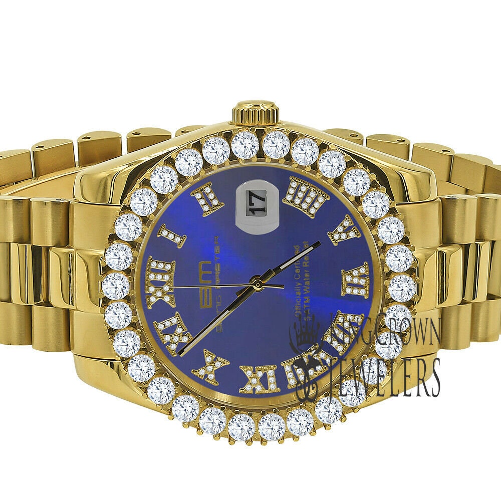 Solid Stainless Steel Roman Numeral Face Blue Sapphire Dial 18K Yellow Gold Finish Simulated Diamond 5 ATM Water Resistant Watch W/Date 42mm