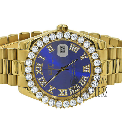 Solid Stainless Steel Roman Numeral Face Blue Sapphire Dial 18K Yellow Gold Finish Simulated Diamond 5 ATM Water Resistant Watch W/Date 42mm