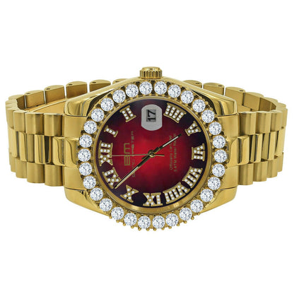 Full Solid Stainless Steel Roman Numeral Face Ruby Red Dial 18K Yellow Gold Finish Simulated Diamond 5 ATM Water Resistant Watch W/Date 42mm