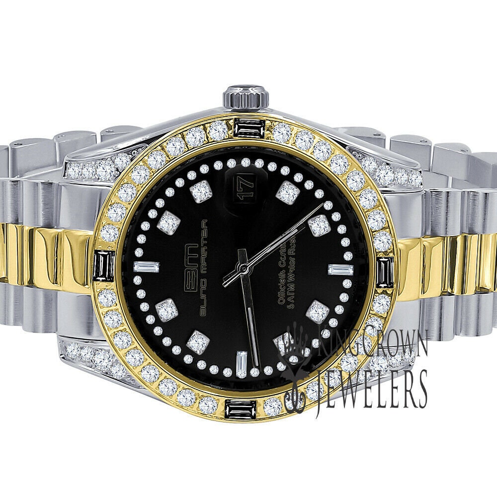 Solid Stainless Steel Black Dial 2 Tone Gold Finish Mens Simulated Diamond 40mm Presidential Watch