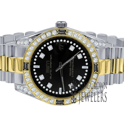 Solid Stainless Steel Black Dial 2 Tone Gold Finish Mens Simulated Diamond 40mm Presidential Watch