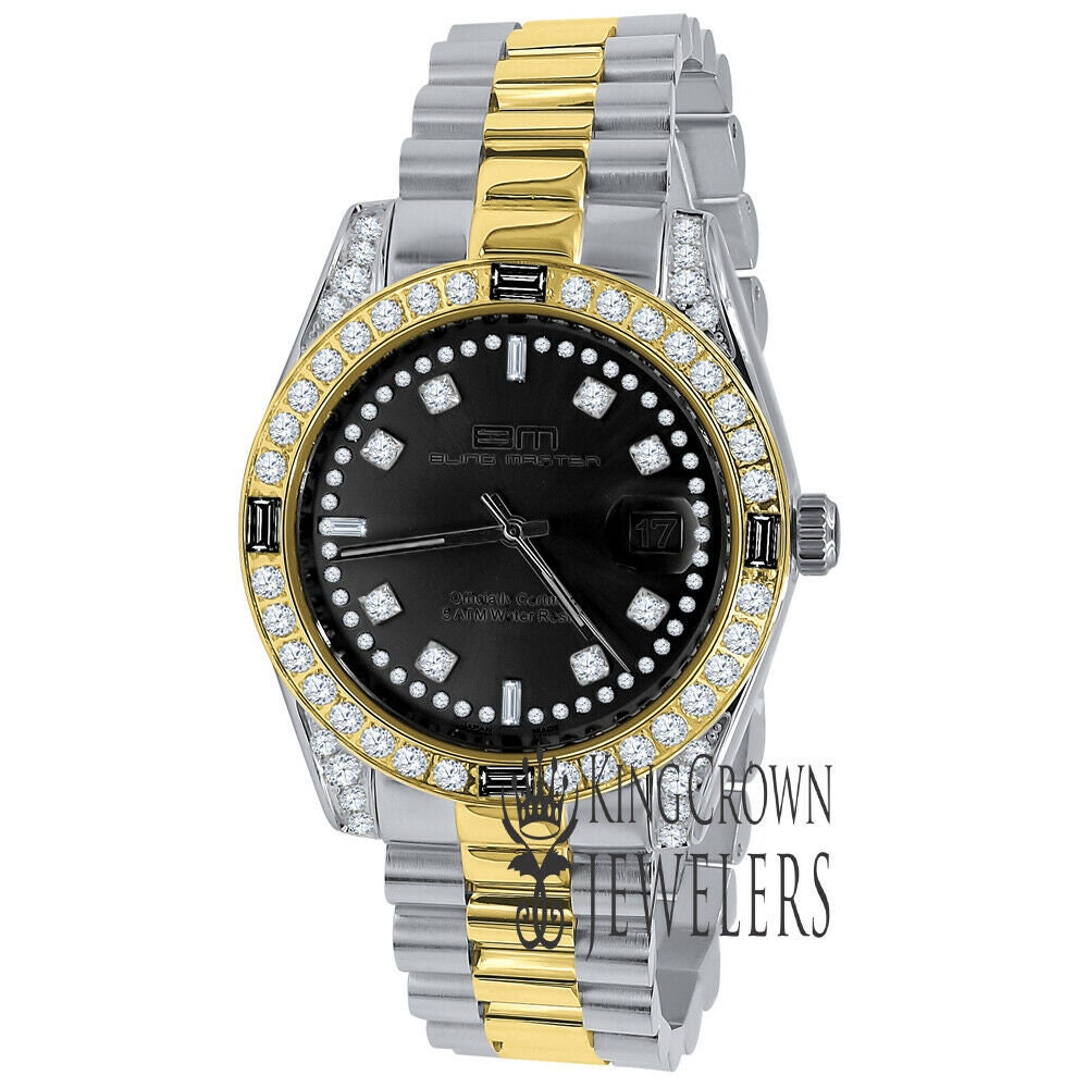 Solid Stainless Steel Black Dial 2 Tone Gold Finish Mens Simulated Diamond 40mm Presidential Watch