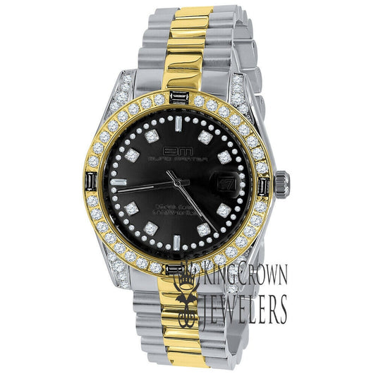 Solid Stainless Steel Black Dial 2 Tone Gold Finish Mens Simulated Diamond 40mm Presidential Watch