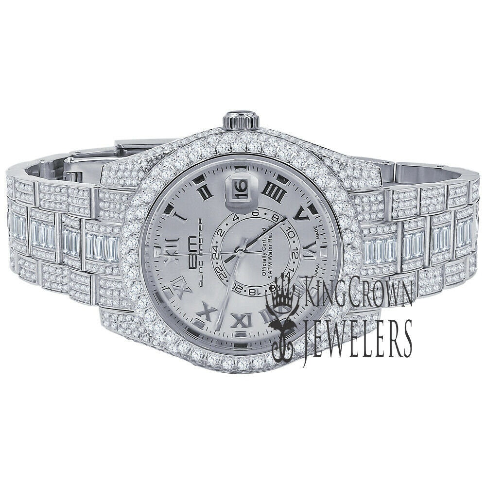 18K White Gold Plated Full Stainless Steel Simulated Diamonds Mens Watch 42mm W/Date