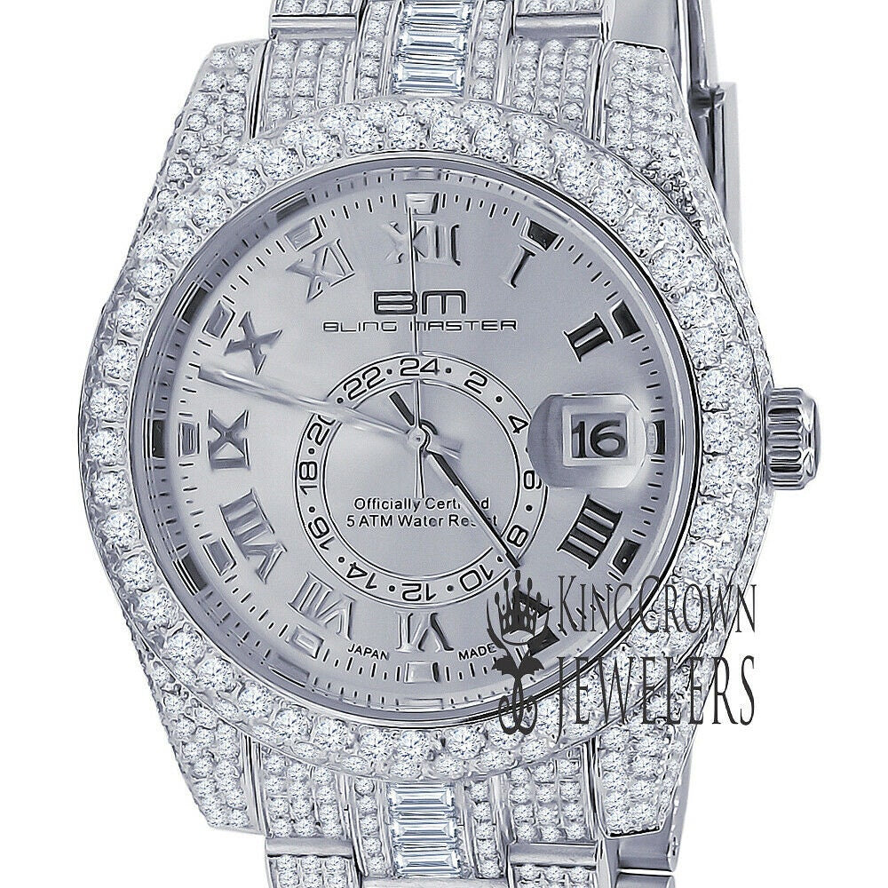 18K White Gold Plated Full Stainless Steel Simulated Diamonds Mens Watch 42mm W/Date