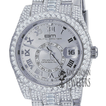 18K White Gold Plated Full Stainless Steel Simulated Diamonds Mens Watch 42mm W/Date