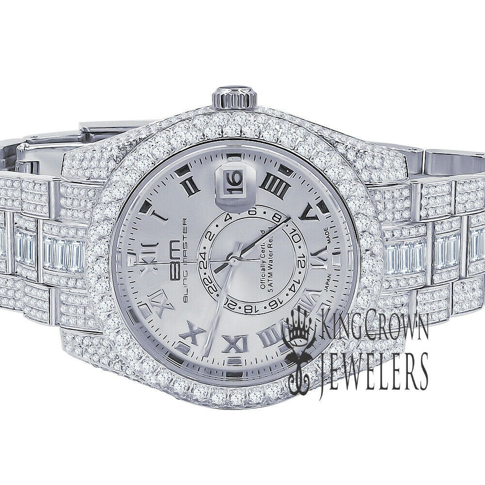 18K White Gold Plated Full Stainless Steel Simulated Diamonds Mens Watch 42mm W/Date