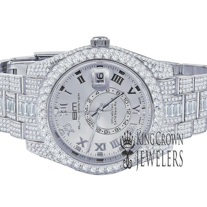 18K White Gold Plated Full Stainless Steel Simulated Diamonds Mens Watch 42mm W/Date