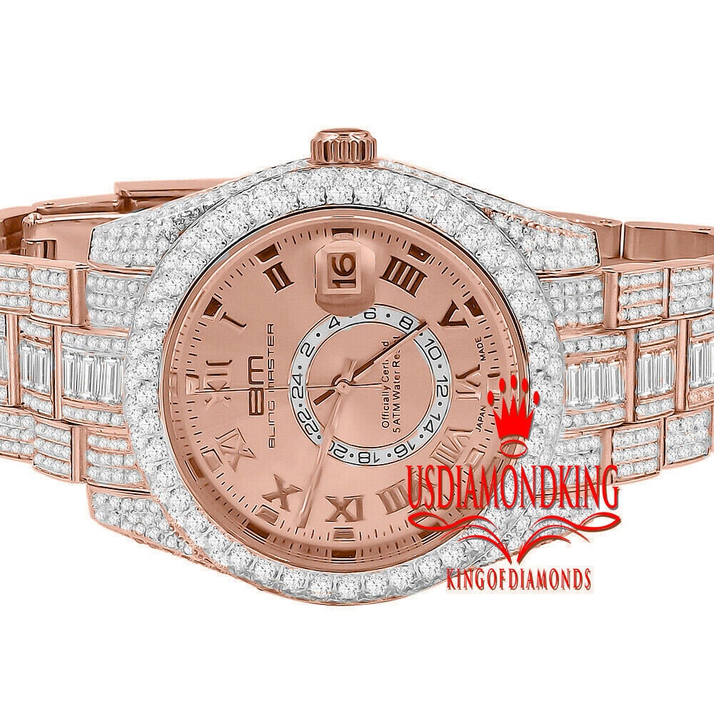 18K Rose Gold Plated Full Stainless Steel Simulated Diamonds Mens Watch 42mm W/Date