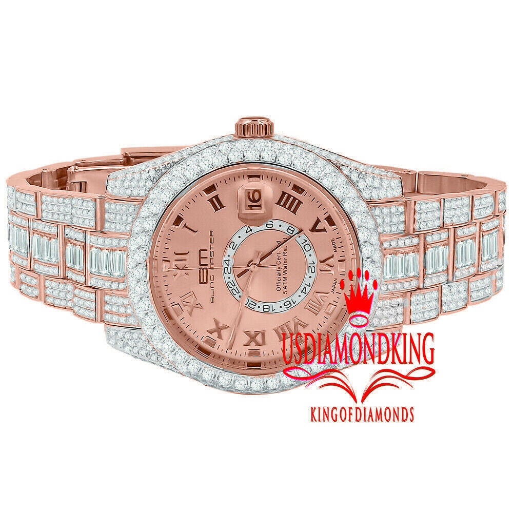 18K Rose Gold Plated Full Stainless Steel Simulated Diamonds Mens Watch 42mm W/Date