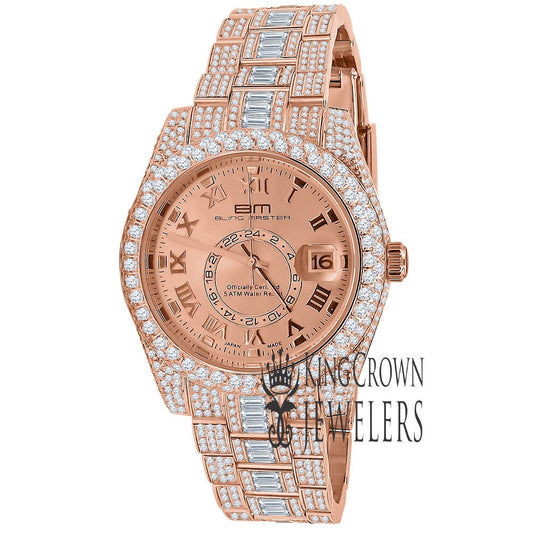 18K Rose Gold Plated Full Stainless Steel Simulated Diamonds Mens Watch 42mm W/Date