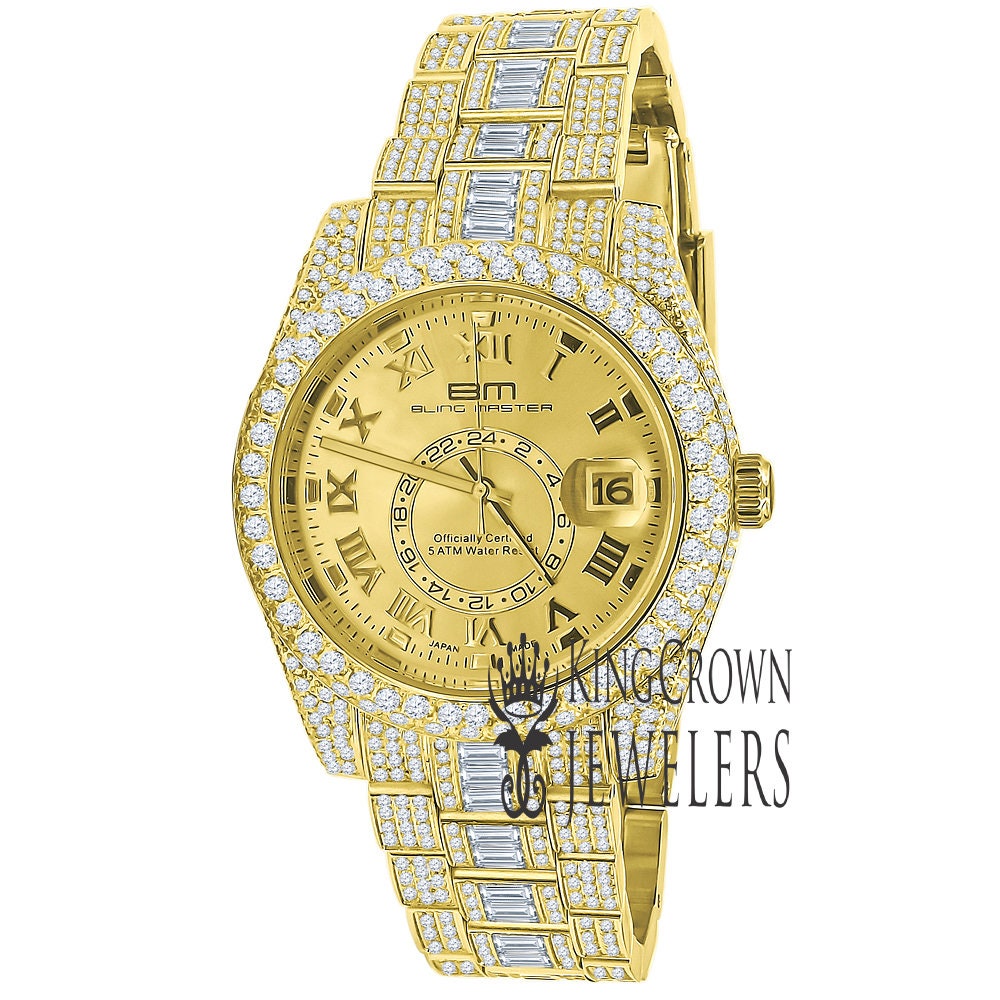 18K Yellow Gold Plated Full Stainless Steel Simulated Diamonds Mens Watch 42mm W/Date