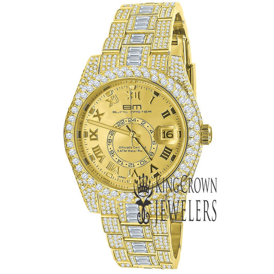 18K Yellow Gold Plated Full Stainless Steel Simulated Diamonds Mens Watch 42mm W/Date