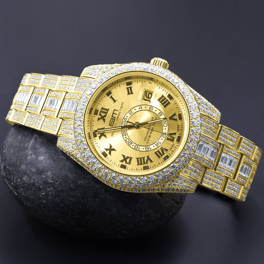 18K Yellow Gold Plated Full Stainless Steel Simulated Diamonds Mens Watch 42mm W/Date