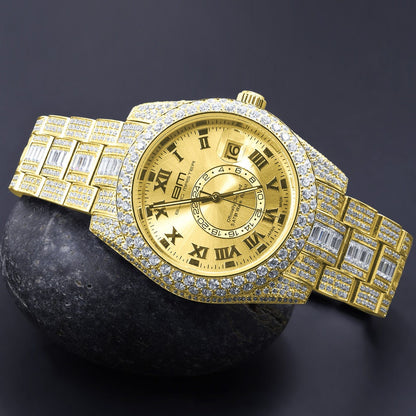 18K Yellow Gold Plated Full Stainless Steel Simulated Diamonds Mens Watch 42mm W/Date