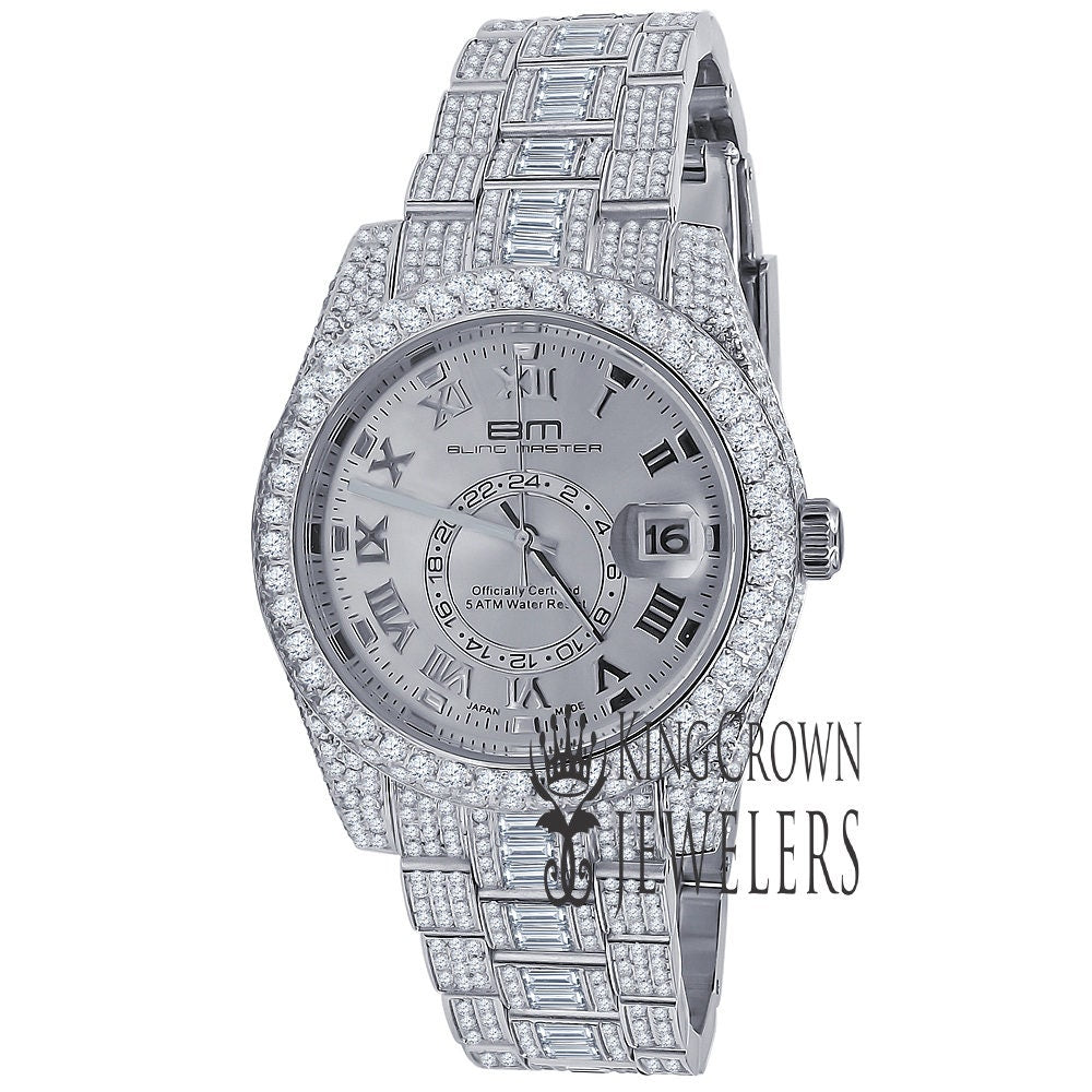 18K White Gold Plated Full Stainless Steel Simulated Diamonds Mens Watch 42mm W/Date