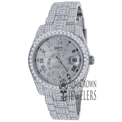 18K White Gold Plated Full Stainless Steel Simulated Diamonds Mens Watch 42mm W/Date
