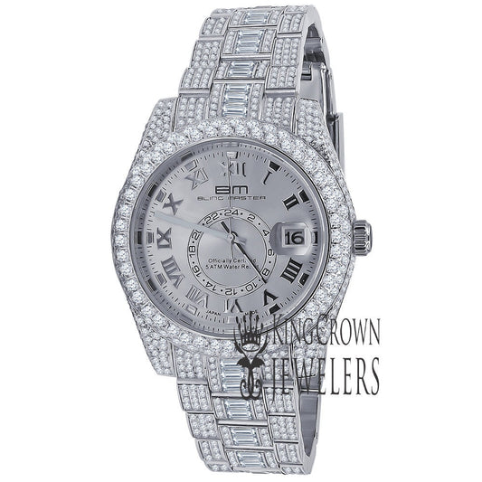 18K White Gold Plated Full Stainless Steel Simulated Diamonds Mens Watch 42mm W/Date