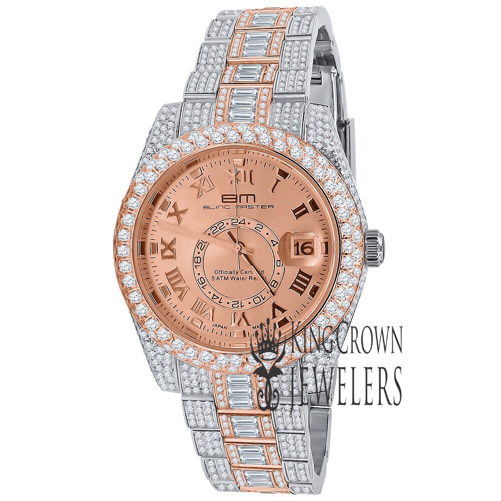 2 Tone 18K Rose Gold Plated Full Stainless Steel Simulated Diamonds Mens Watch 42mm W/Date