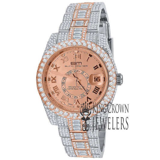 2 Tone 18K Rose Gold Plated Full Stainless Steel Simulated Diamonds Mens Watch 42mm W/Date