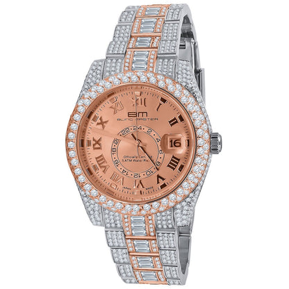 2 Tone 18K Rose Gold Plated Full Stainless Steel Simulated Diamonds Mens Watch 42mm W/Date