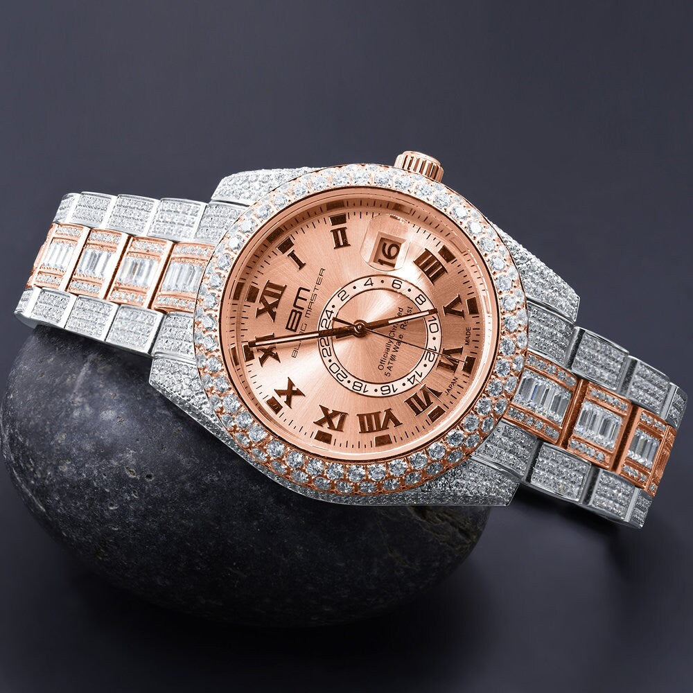 2 Tone 18K Rose Gold Plated Full Stainless Steel Simulated Diamonds Mens Watch 42mm W/Date