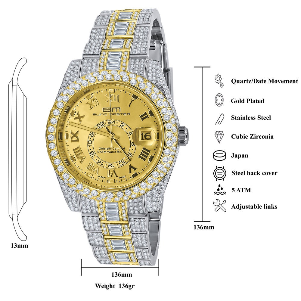 2 Tone 18K Yellow Gold Plated Full Stainless Steel Simulated Diamonds Mens Watch 42mm W/Date