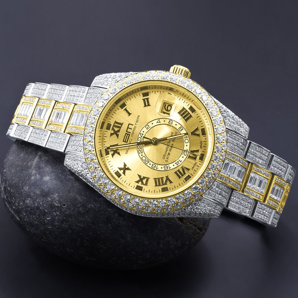 2 Tone 18K Yellow Gold Plated Full Stainless Steel Simulated Diamonds Mens Watch 42mm W/Date