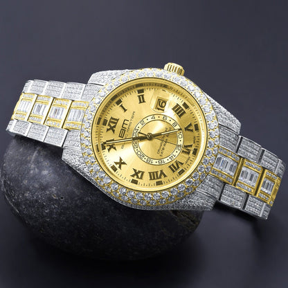 2 Tone 18K Yellow Gold Plated Full Stainless Steel Simulated Diamonds Mens Watch 42mm W/Date