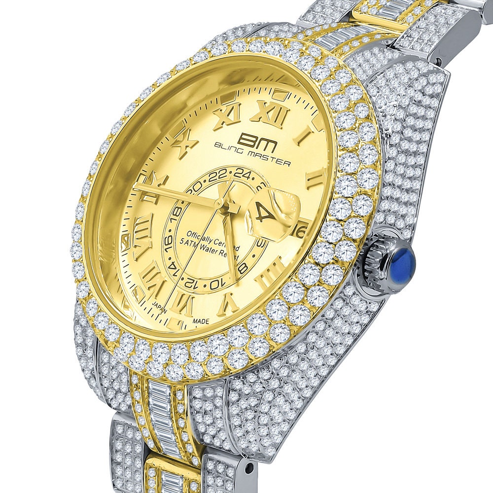 2 Tone 18K Yellow Gold Plated Full Stainless Steel Simulated Diamonds Mens Watch 42mm W/Date
