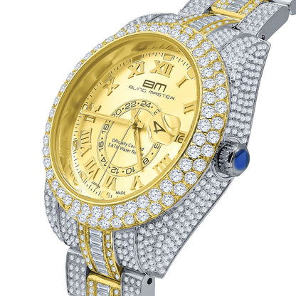 2 Tone 18K Yellow Gold Plated Full Stainless Steel Simulated Diamonds Mens Watch 42mm W/Date