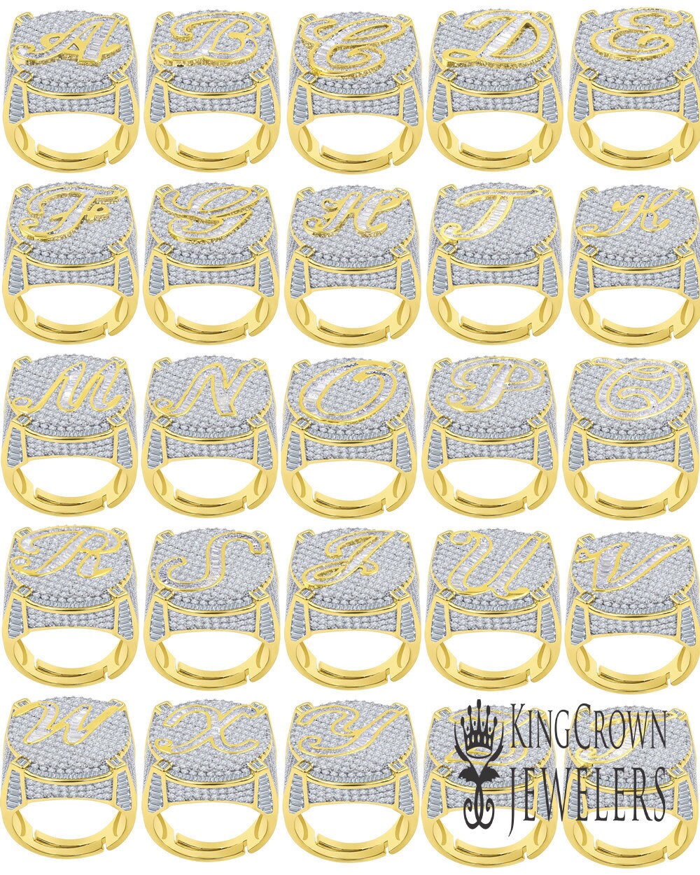Men's 14K Yellow Gold Finish 2.00 Cwt. Baguette/Round Cut Simulated Diamond Initial Letters Alphabet Ring Band (Adjustable Size 10 Up To 12)